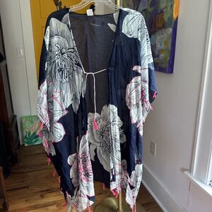KATYDID FLORAL SWIMSUIT COVER-UP TASSELS ONE SIZE SHEER